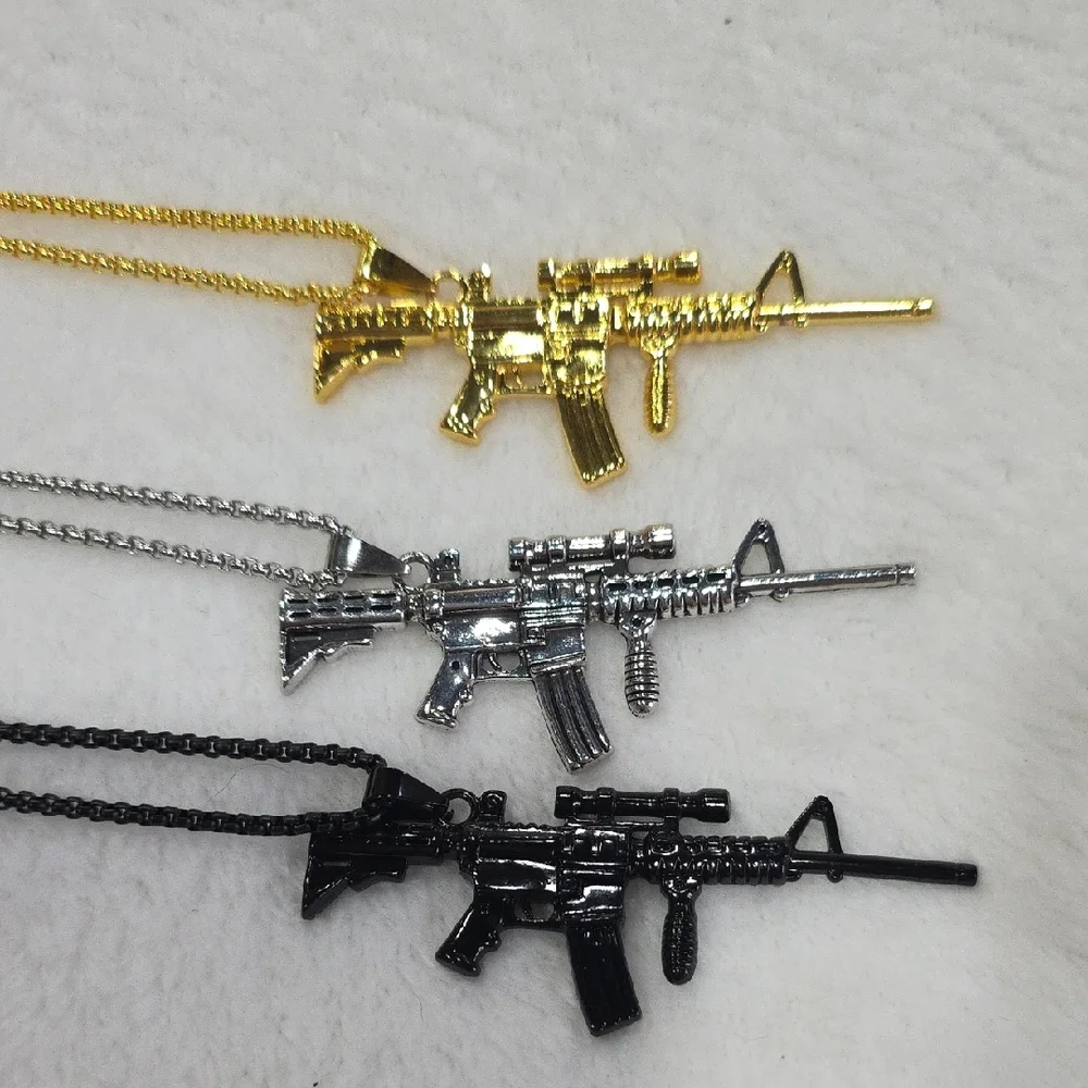 Gold, Or Black Submachine Gun Pendant Necklace